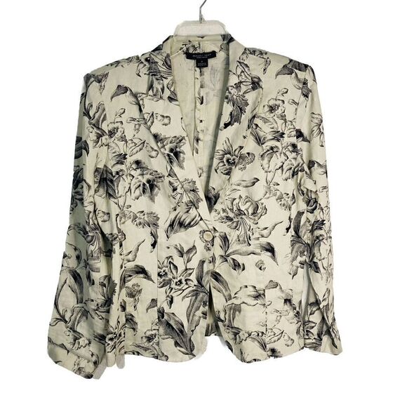 August Silk Beige Black Floral Lightweight Linen Jacket Size 10 3/4 Sleeve‎ - Picture 1 of 11